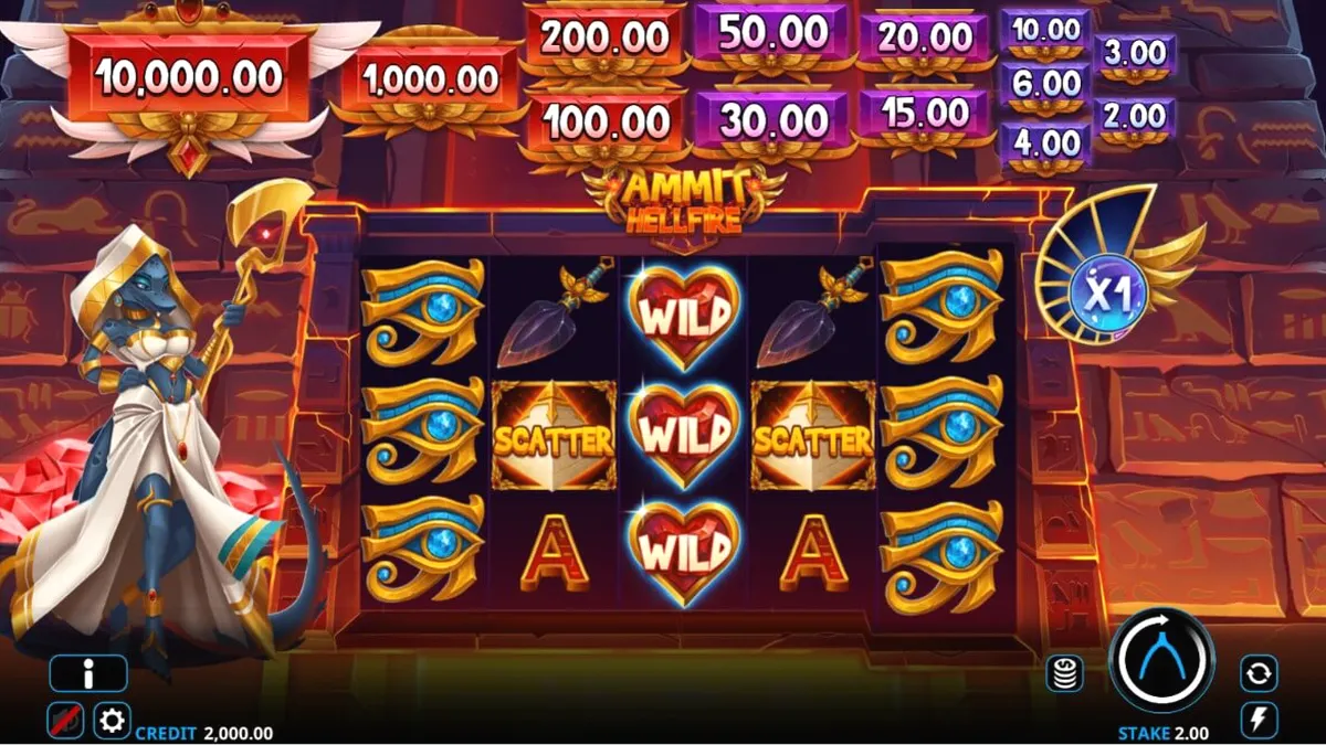 Tampilan visual slot Ammit Hellfire dengan dewi Ammit dan elemen Mesir kuno